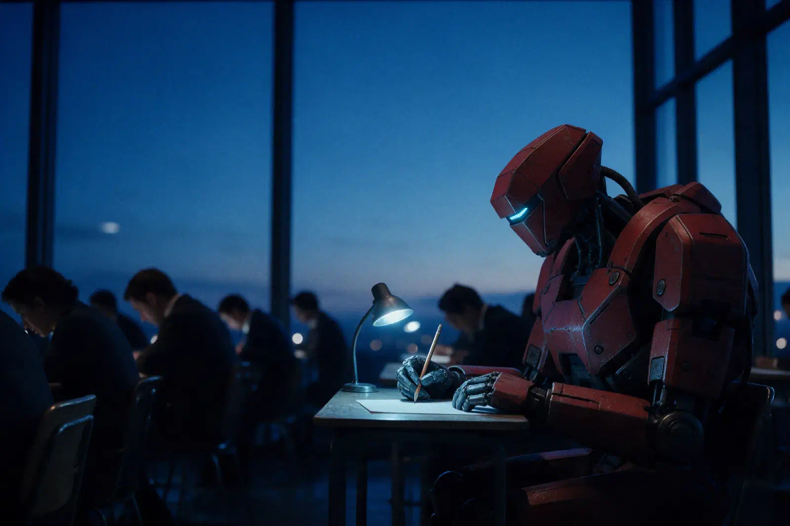 Un robot rojo hace un examen a lápiz, concentrado bajo una lámpara de mesa, entre filas de profesionales en una sala de exámenes.
