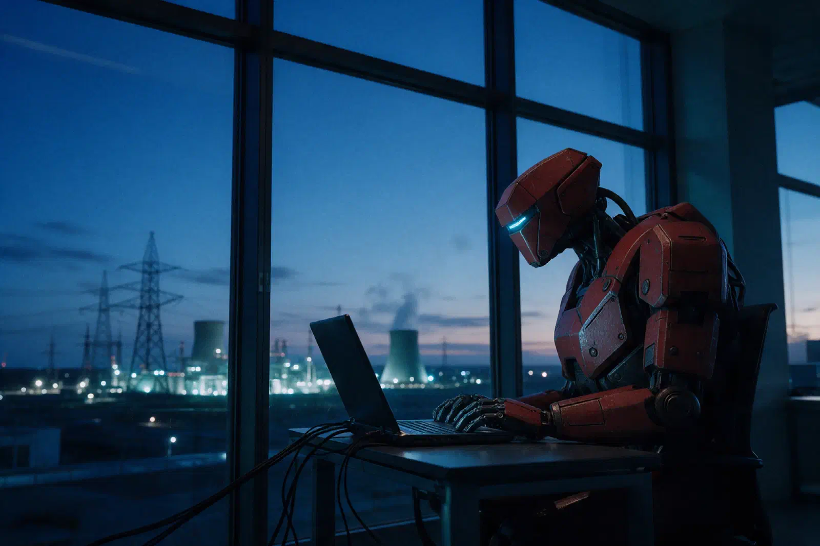 Un robot rojo trabaja con un portátil cuyos cables salen por la ventana hacia una central eléctrica y un enorme centro de datos.