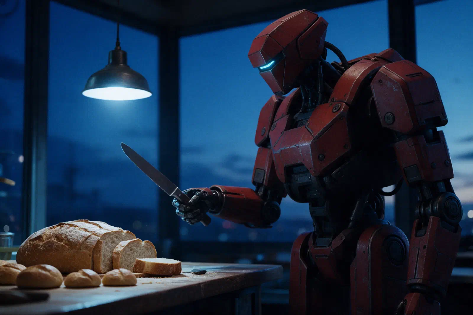 En una panadería cerrada, un robot rojo corta en rebanadas iguales una hogaza enorme junto a una fila de panecillos.