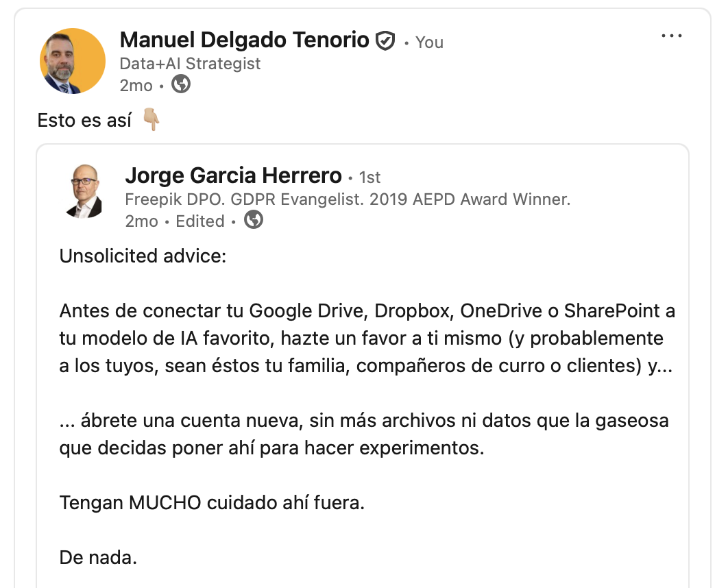 Captura de un post en LinkedIn de Jorge García Herrero sobre lo de darle permisos a ChatGPT para que acceda a tus archivos 