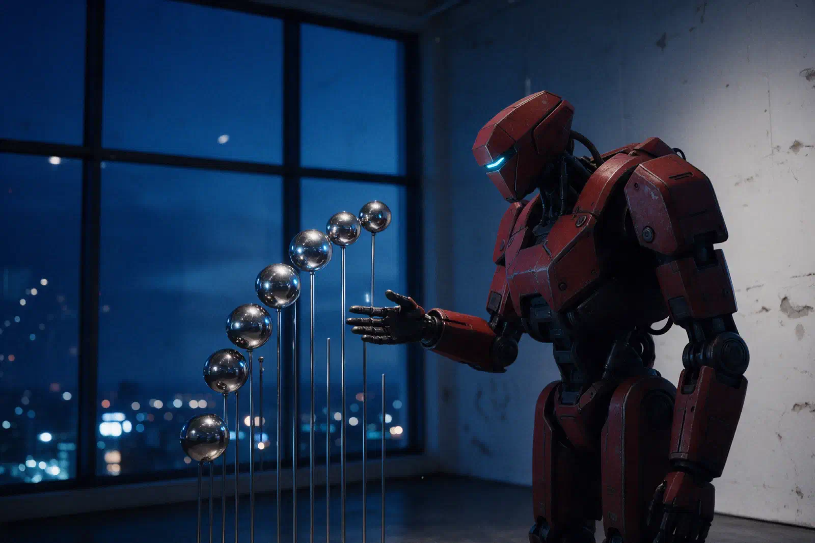 Un robot rojo presenta a un visitante una escultura de esferas de acero que dibuja una curva que sube y se estabiliza.