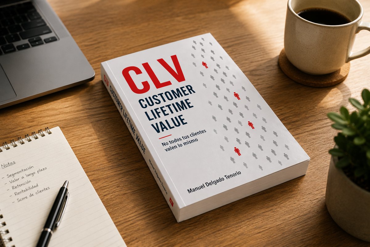 El libro Customer Lifetime Value (CLV), en tapa blanda, sobre una mesa de trabajo