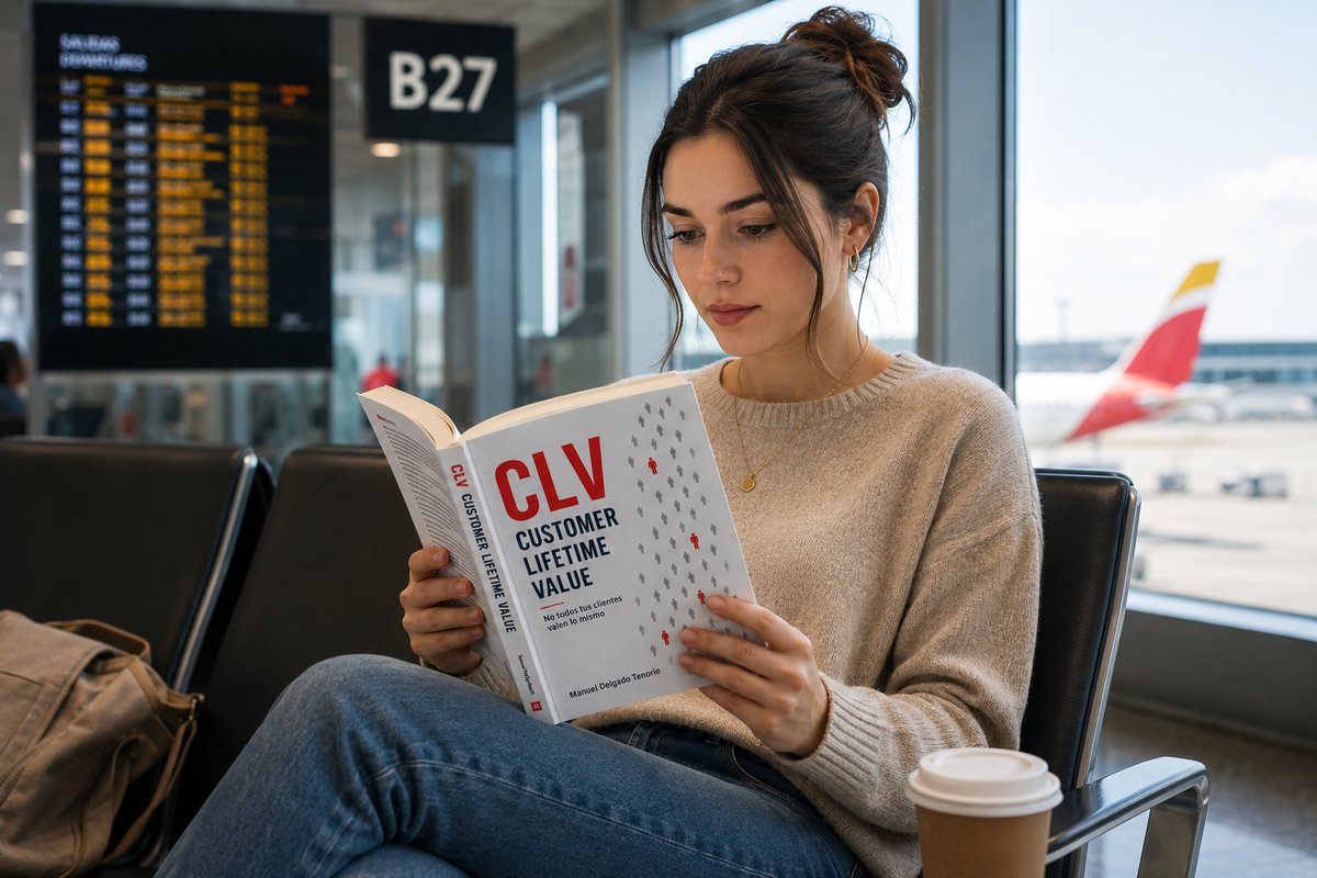 The Customer Lifetime Value (CLV) book, in paperback, at an airport boarding gate