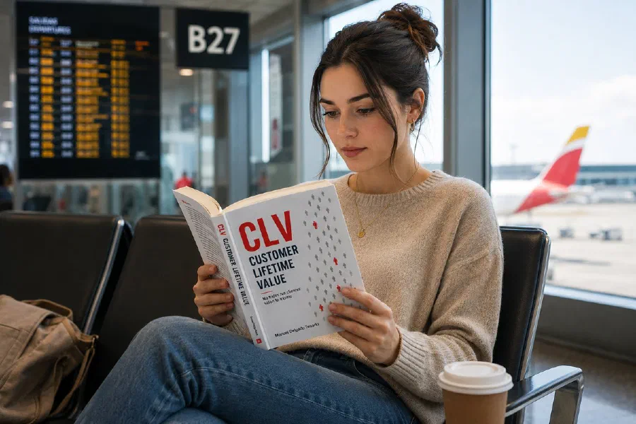A reader with the book CLV in an airport departure lounge